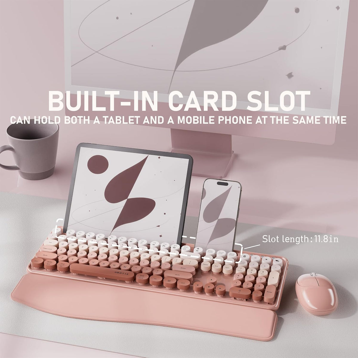 UBOTIE Wireless Keyboard and Mouse Combo, Phone Holder (Peach)