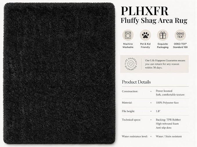 Area Rug for Living Room Bedroom: 5x7 Black Soft Fluffy Shag Upgrade Non-Slip