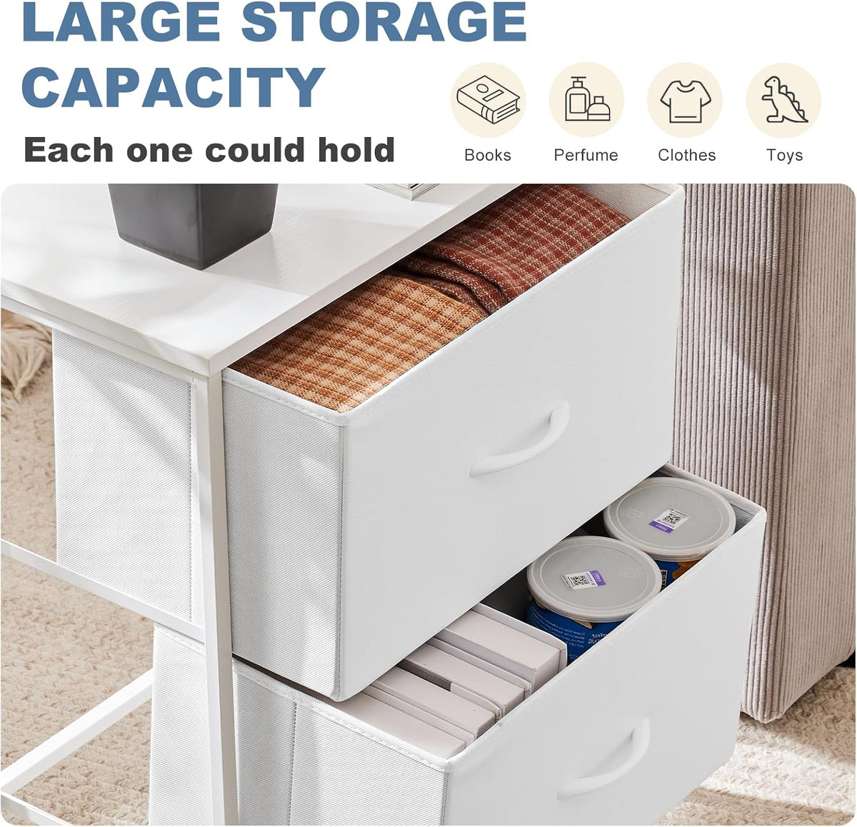 DUMOS Nightstand Set of 2, Small Dresser with 2 Fabric Drawers, End Table