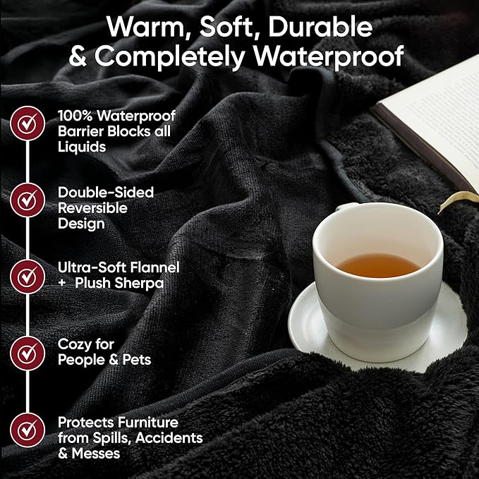Waterproof Pet Blanket, Liquid Pee Proof, Sherpa Fleece Protector – Pet Hair Resistant Water Proof Bed Cover for Dogs Couch Sofa Car Bedding Comforter (Red, 40"x60")