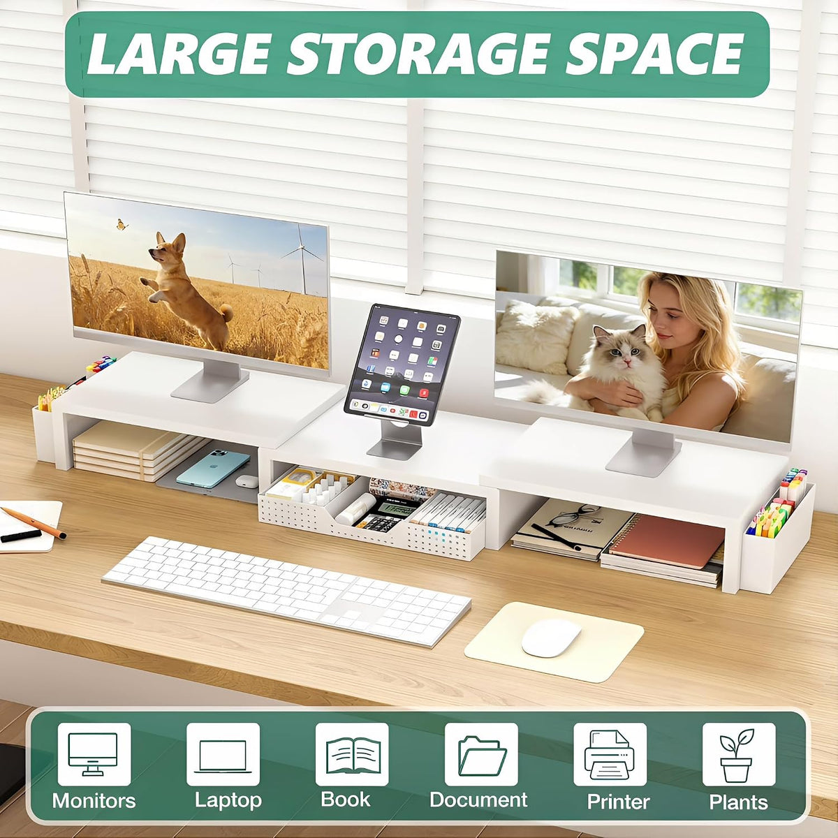 OPNICE Desk Organizer and Accessories, Computer Monitor Stand Riser with Drawer and 2 Pen Holders, Laptop Stand, Office Desk Accessories for Office Supplies, White
