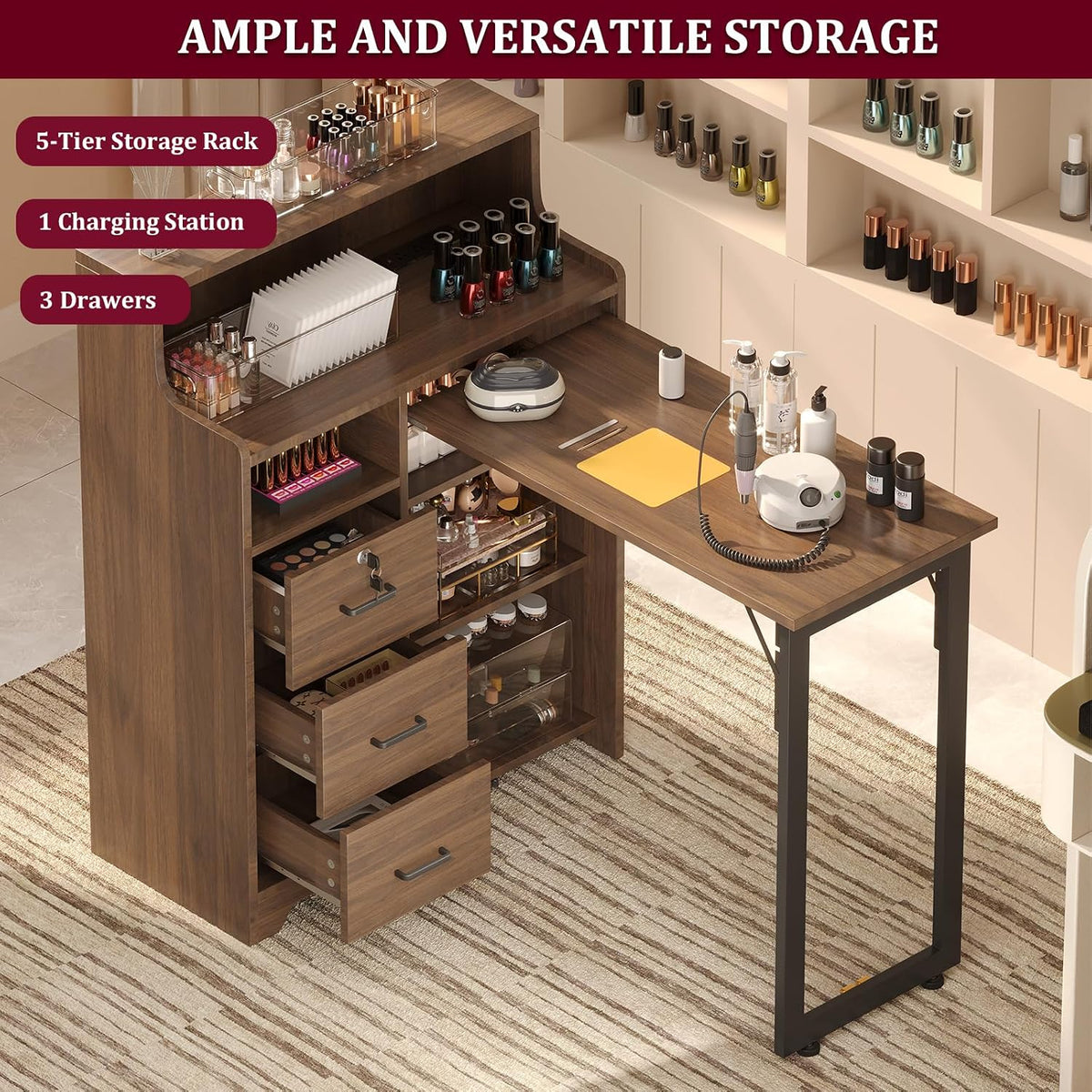 Foldable Nail Desk for Nail Tech, Portable Manicure Table, L Shape Nail Table with Power Outlets & Lockable Drawer & Shelves, Professional Nail Tech Workstation for Home Salon (Walnut)