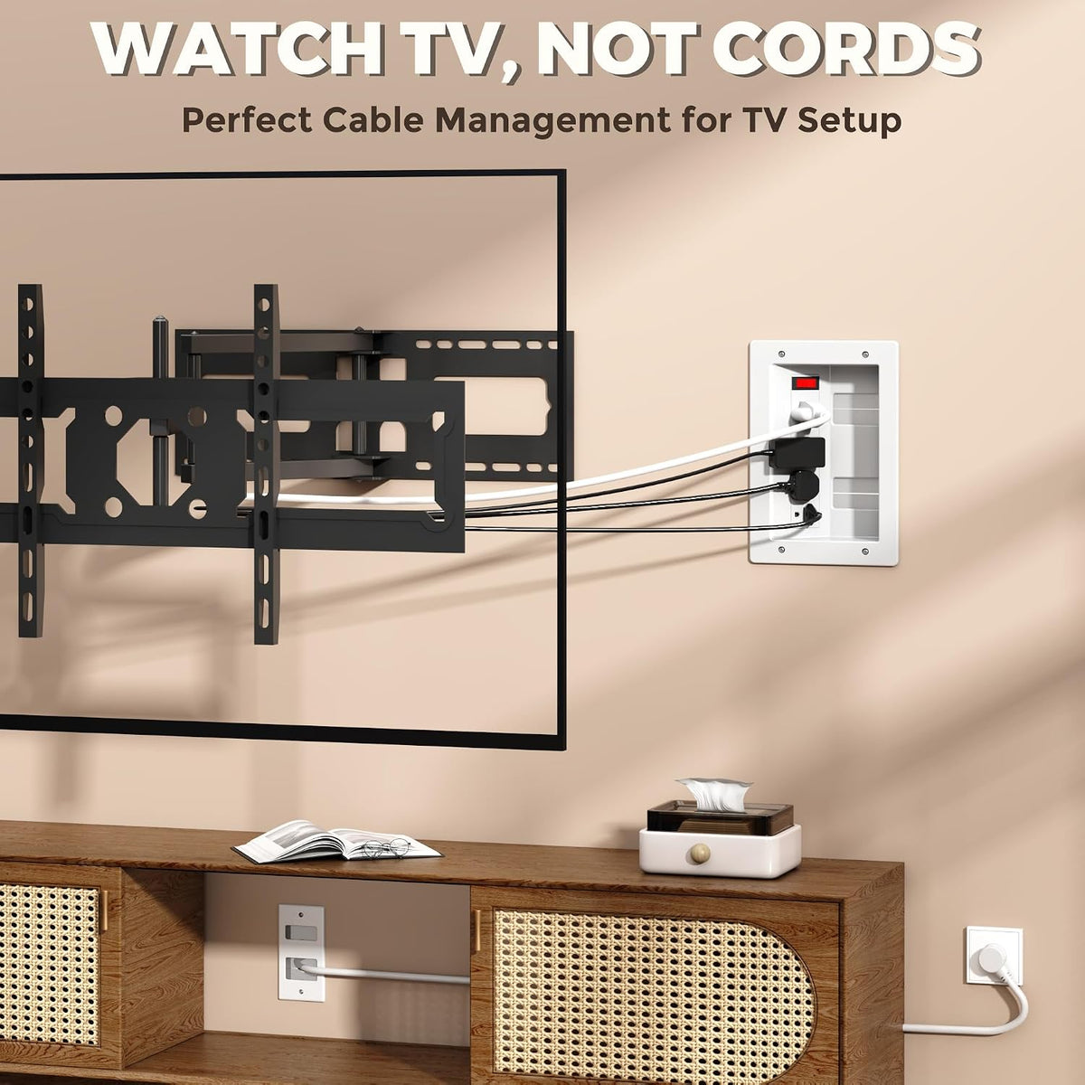 In Wall Cable Management Kit with Recessed Outlet Box, 4 Outlets, 9.8FT Cord, Hand Saw & Cable Ties, TV Cord Hider for Wall Mounted TV, Fits All Plugs, Easy Safe Cable Management for TV & Home Theater