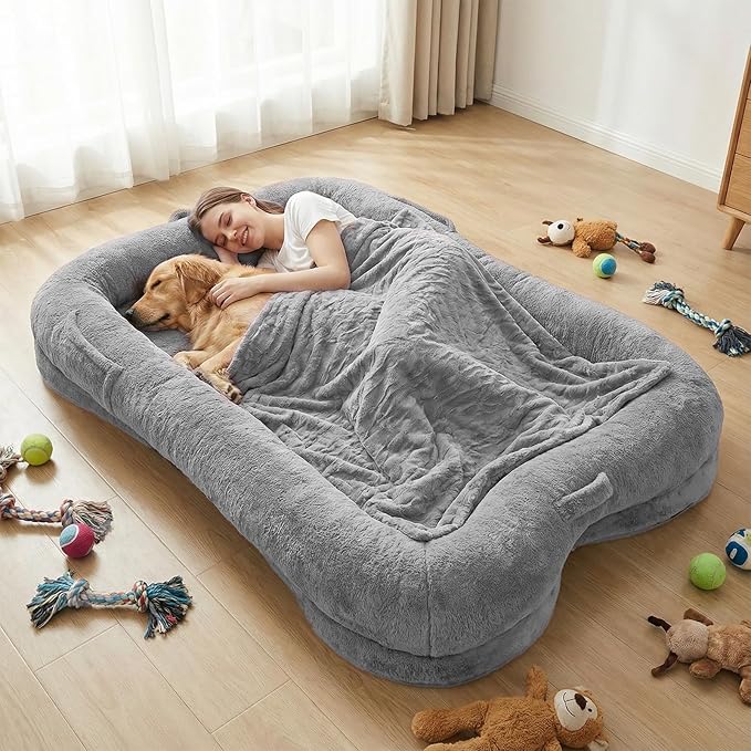 Human Dog Bed, 71 x 47 x 12 in Washable Extra Large Dog Bed for People, Giant DogBed with Storage Pockets, Silver