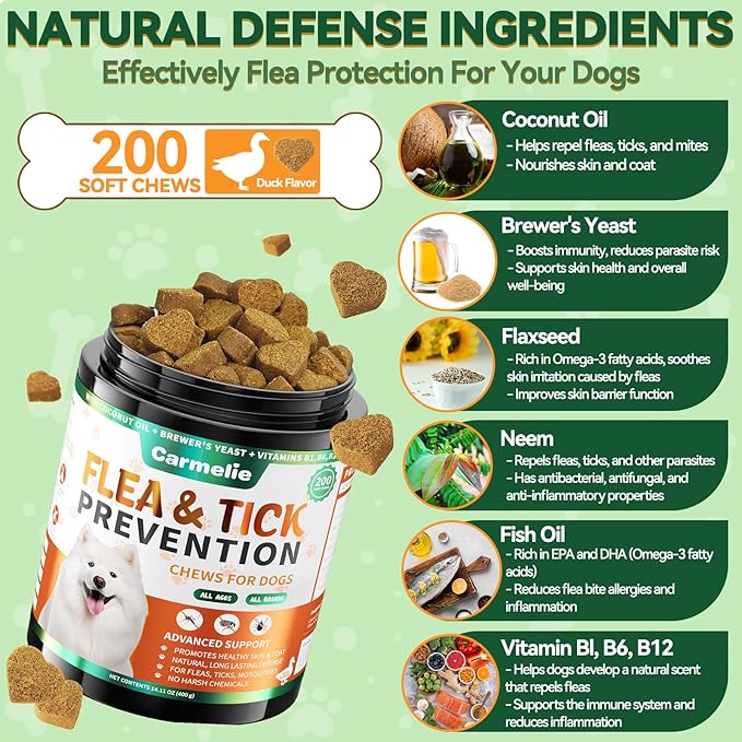 Flea and Tick Prevention for Dogs - 200 Soft Chewables Natural Dog Flea and Tick Support - Oral Flea Supplement for All Breeds & Size Dogs, Puppy Flea Protection - Duck Flavor