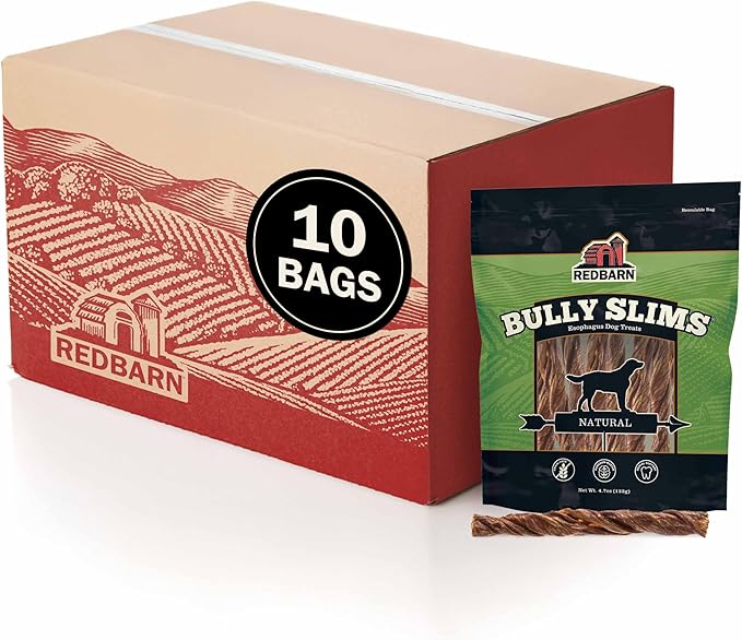 Redbarn Pet Products Natural Bully Slims Beef Chews for Dogs - 4.7 Oz Case of 10 Bags - Natural, Grain-Free, Highly Palatable, Highly Digestible Esophagus Treats