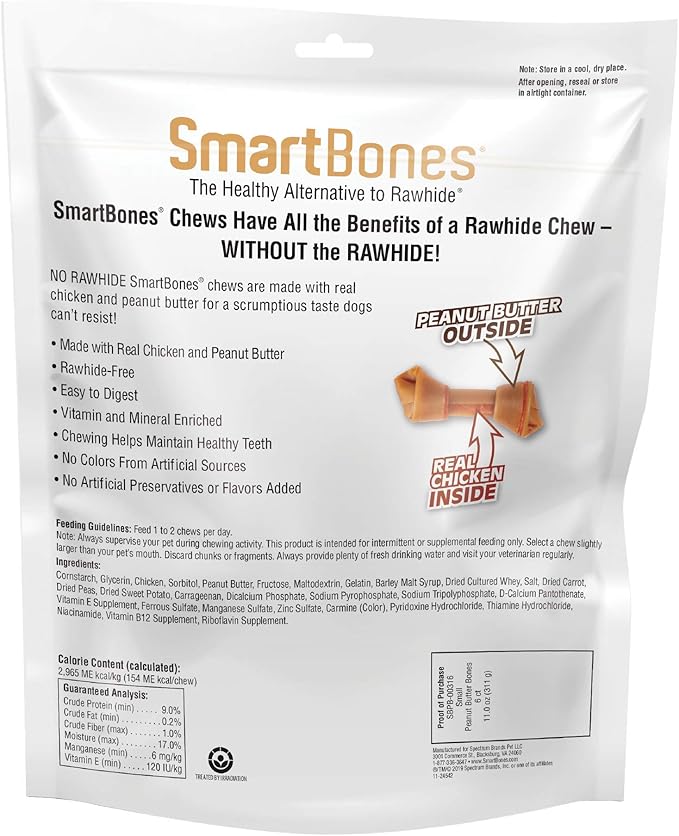 SmartBones Small Bones Chicken & Peanut Butter No-Rawhide Dog Chews, 11 oz., Count of 6
