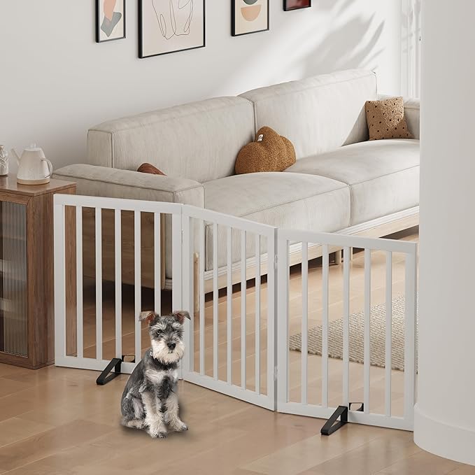 Dog Gate, Bamboo Freestanding Dog Gates for Doorways, Foldable Dog Gate Indoor, Pet Gates for Doorways Bedroom, Puppy Gate with Metal Support Feet, Room Divider 3 Panels (White)