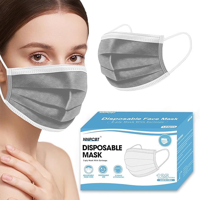 NNPCBT Grey Disposable Face Masks 125 Pack, 3-Ply Breathable Mask