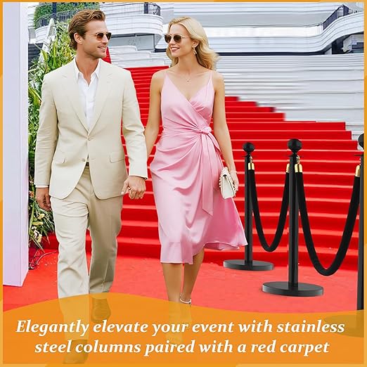 4Pcs Stanchions and Velvet Ropes, Black Stanchions with Retractable Belts, Crowd Control Barriers with Hollow Base, Red Carpet Ropes and Posts for Event & Party Supplies