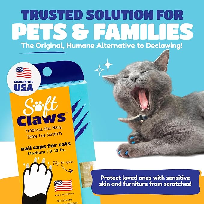 Soft Claws Cat Nail Caps for Medium Cats – (40 Caps, Blue & Silver) - Made in USA - Veterinarian-Developed | Protects Furniture & Skin - Easy to Apply, Long-Lasting Anti-Scratch Soft Cat Claw Covers