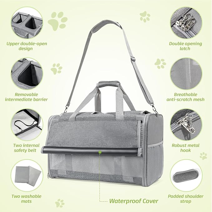 Extra Large Cat Carrier for 2 Cats, 24x14x16in Pet Carriers for Cat and Dog Up to 40lbs, All-Sided Large Mesh Cat Carrier with Great Ventilation, Portable Soft Sided Pet Carriers for Traveling