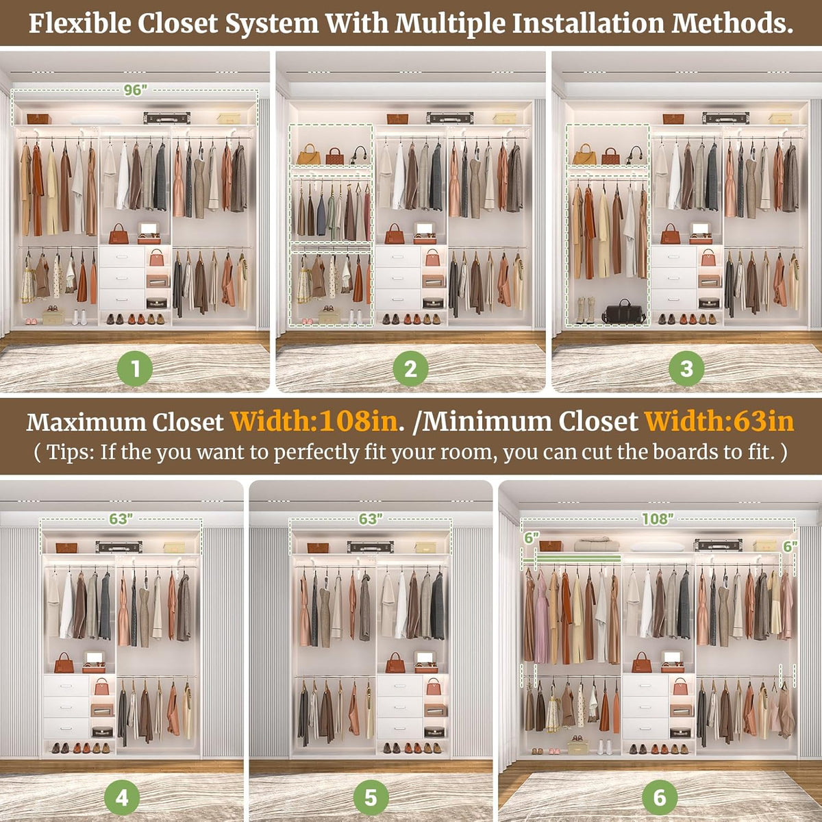 Aheaplus Closet System, Closet Organizer with 3 Wooden Drawers, 8FT Closet Organizer System, 96’’ Walk-in Closet Wardrobe Clothes Rack with Hanging Rods, Garment Rack, Fits 5.3-9 ft, -W3,White