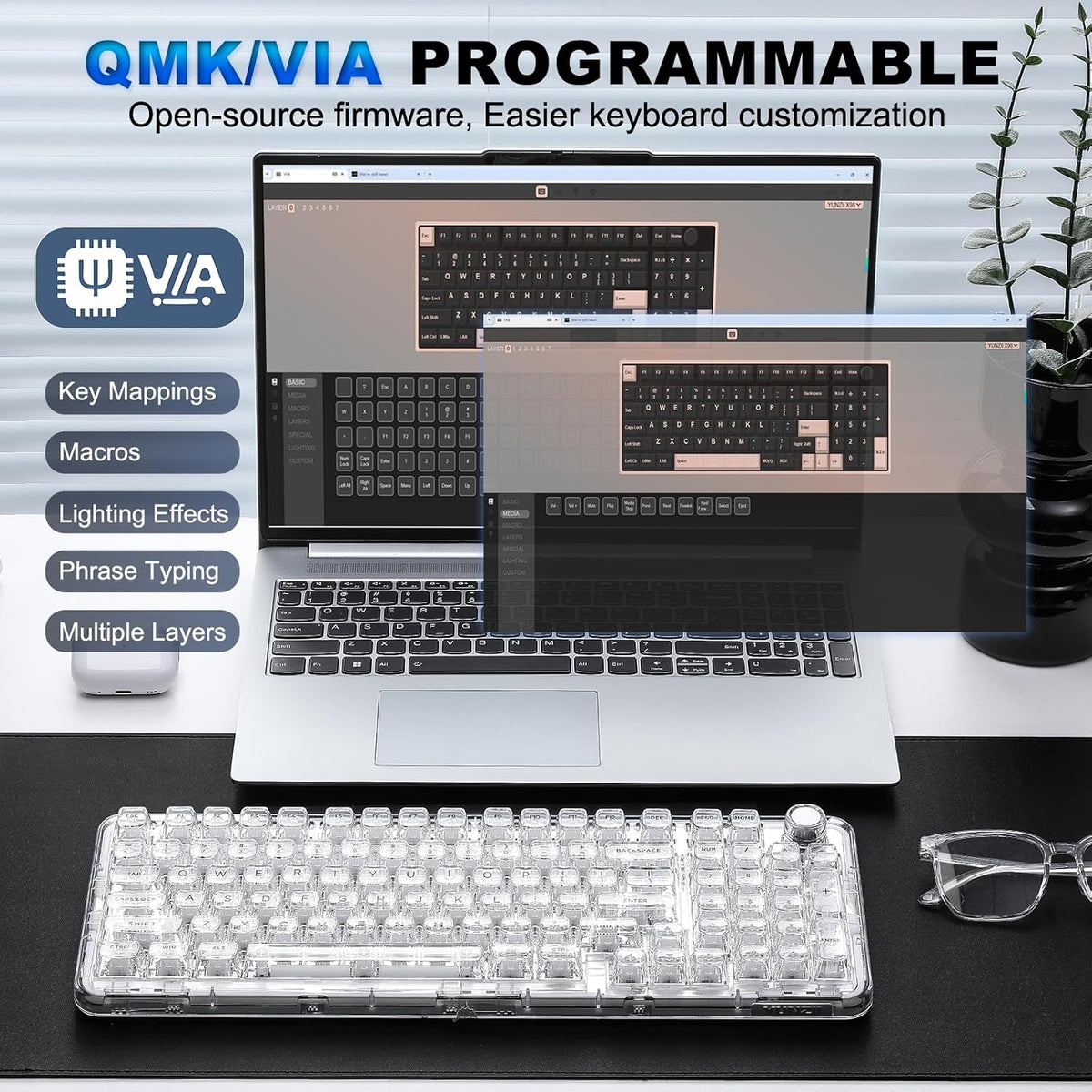 YUNZII X98 Clear Wireless Mechanical Keyboard with Knob (White,Snow Switch)