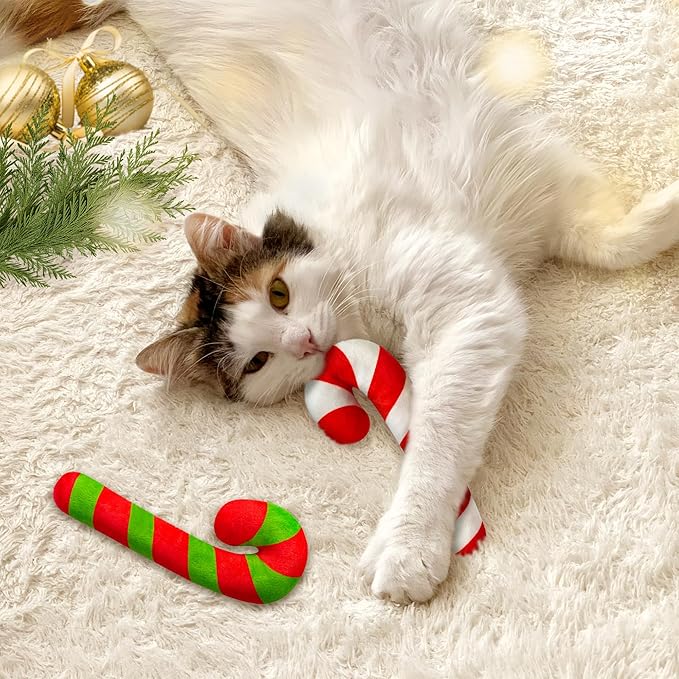 MALLMALL6 2Pcs Interactive Christmas Cat Candy Cane Catnip Toys Gift for Cats, Indoor Kick Plush Catmeth Pet Toy Supplies for Cat Lovers