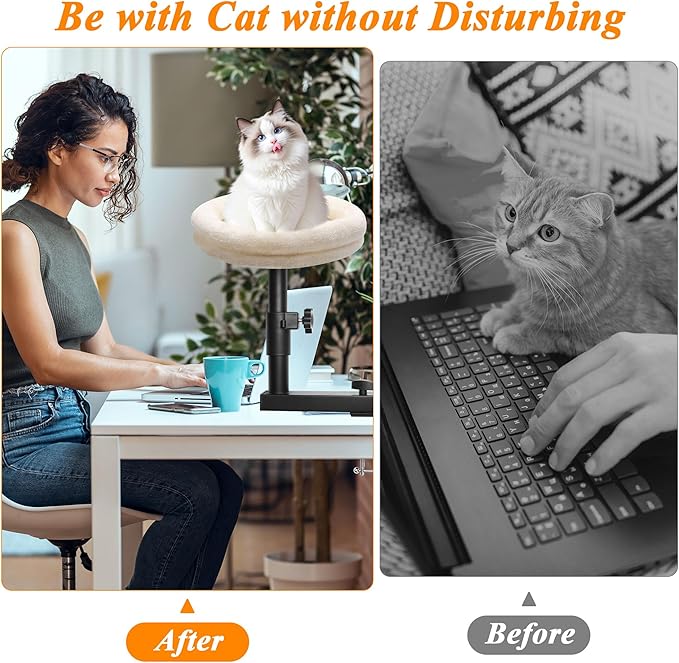 Cat Desk Bed 360° Rotating Cat Bed Desk, Solid Wood Perch, Removable Cushion, Adjustable Clamp for Office & Living Room