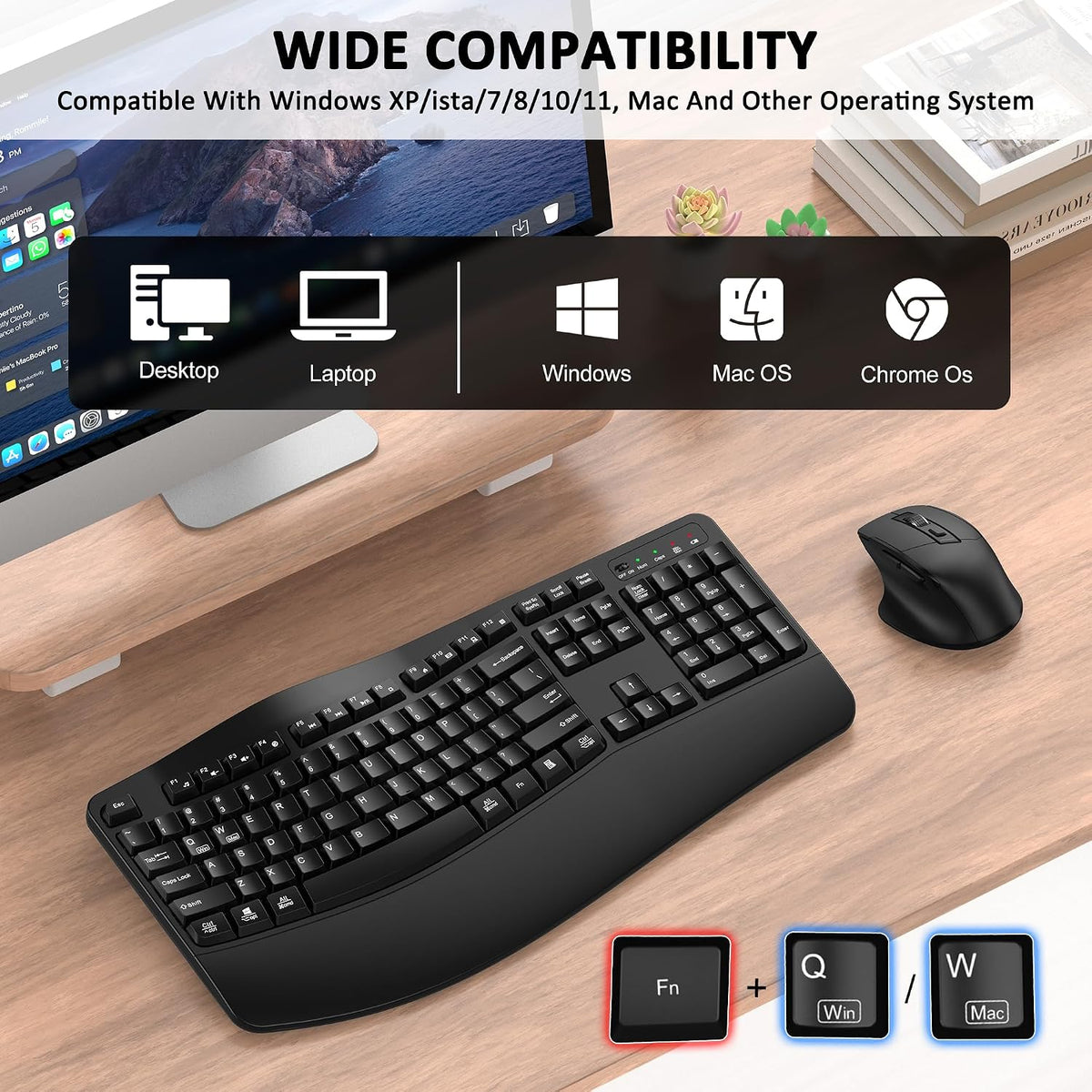 Wireless Keyboard and Mouse Combo, 2.4G Ergonomic Wave Keys(Black)