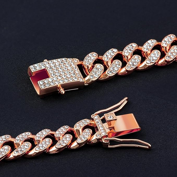 Dog Collar Cuban Link Rose Glod Crystal Dog Necklace Metal Chain Collar with Design Secure Buckle Pet Collar Jewelry Accessories for Small Medium Large Dogs Cats(Rose Glod 12inch)
