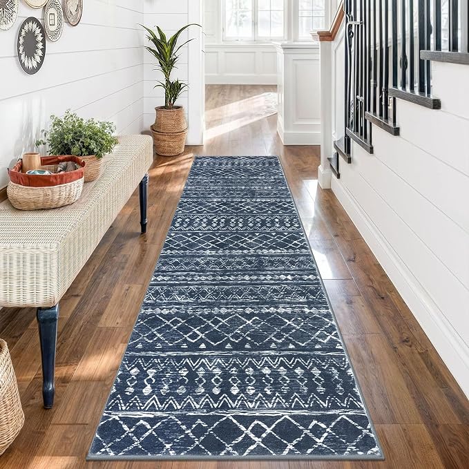 KUTA Moroccan Washable Runner Rug, 2x7 Non-Slip Vintage Navy Blue Boho Hallway