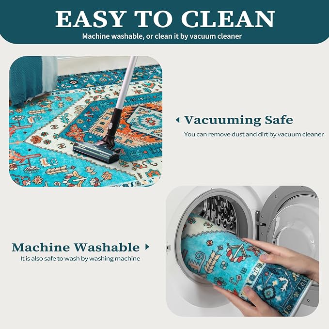SERISSA Boho Area Rug 5x7 Blue, Washable Rugs