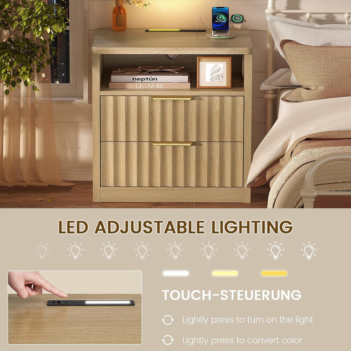 TEENFON Fluted Night Stand, Nighstand with Charging Station and LED Light, Modern Bed Side Table for Small Space, Storage Drawer and Open Shelf, for Bedroom, Natural