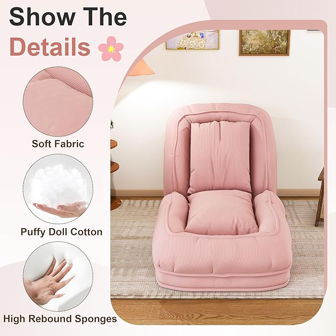 Adjustable 5-Position Human Dog Bed for People, Big Comfy Plush Floor Gaming Lazy Sofa Chair with Pillows & Back Support, Foldable Lounge Loveseat Couch for Living Room Bedroom (Pink①)