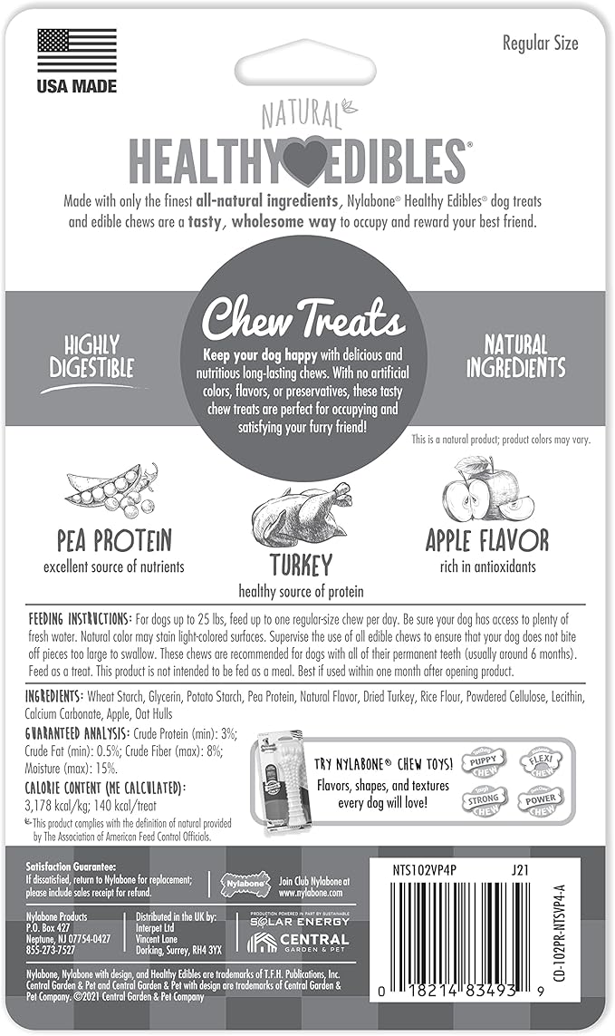 Nylabone Healthy Edibles Natural Dog Chews, Long Lasting Bones for Dogs, Turkey & Apple Flavor Dog Treats, Small (4 Count)