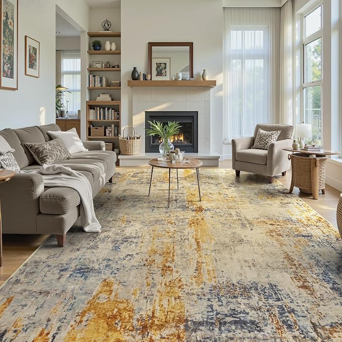 Ompaa Living Room Rug 6x9 Beige Area Rug Machine Washable Boho Rug Non Slip