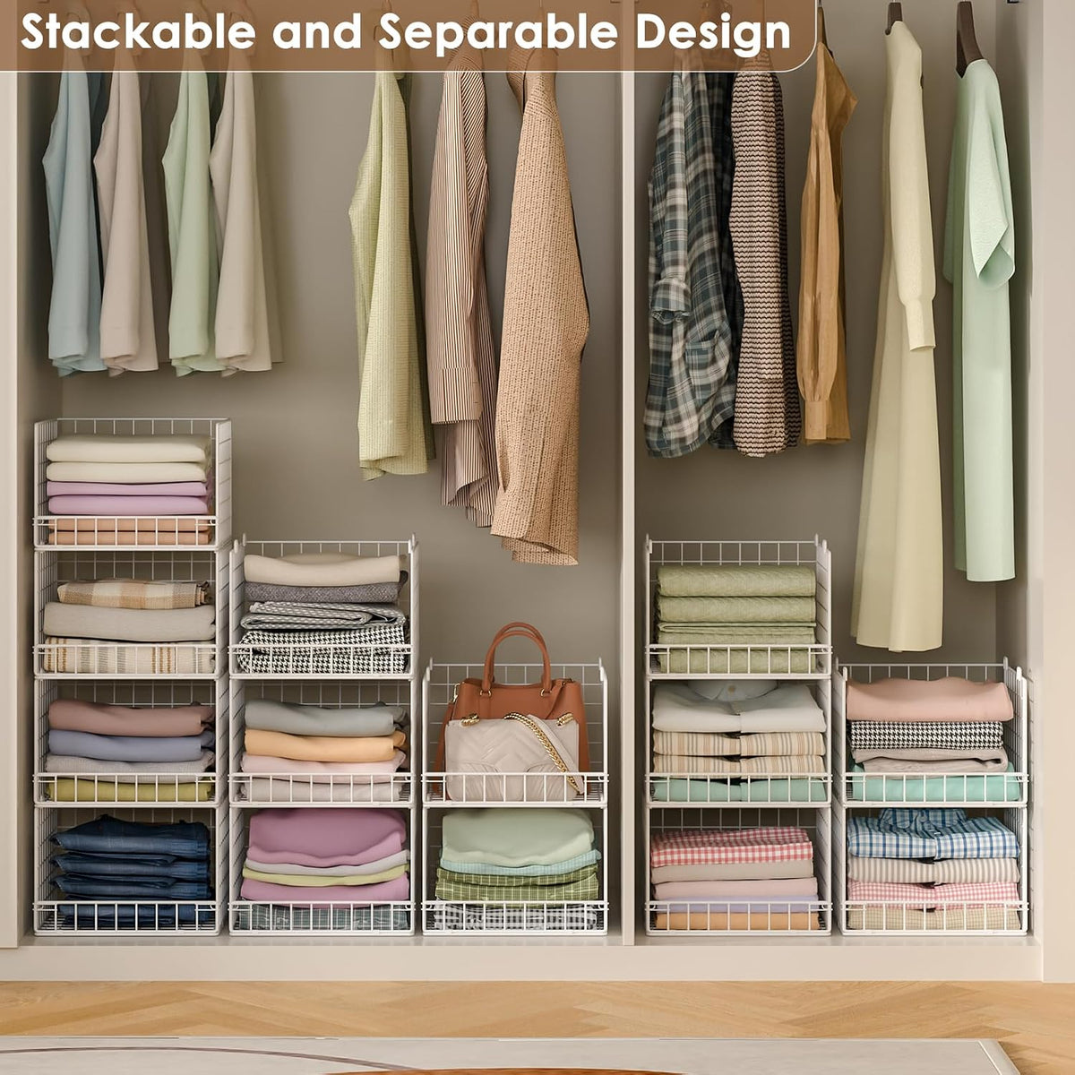 4-Tier Stackable Closet Organizers and Storage Baskets, Closet Shelf Organizer, Space-Saving Clothes Storage Drawer, Foldable Clothes Storage Bins for Closet Organizer System, White(Patent 30022416)