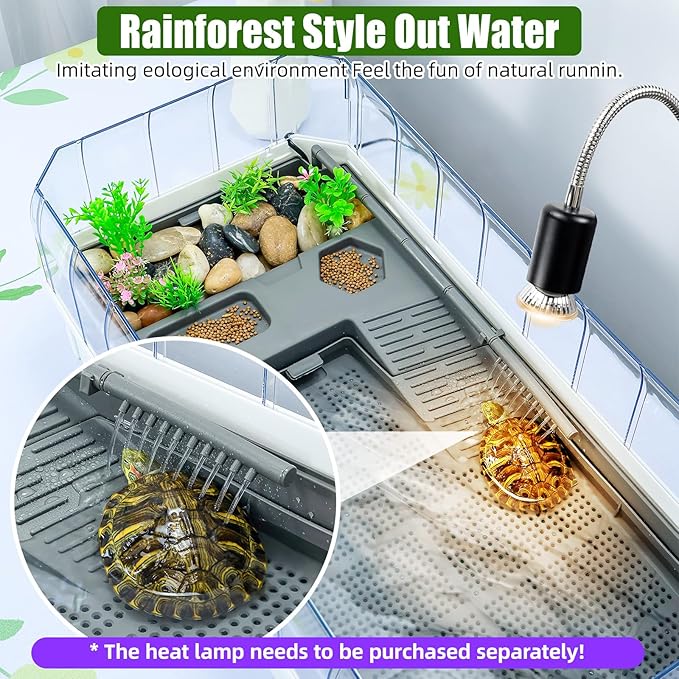 Turtle Habitat Spacious Turtle Tank Kit with Rain Shower Filter SPA & Easy Drain - Perfect for Baby Turtles, Red Eared Sliders Tortoises White, 18.2×9.2×8 Inch