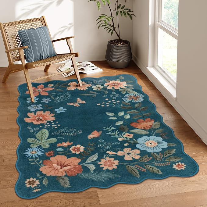 Lahome Floral Washable Rugs for Bedroom, 4X6 Area Rug Ultra-Thin Soft Living