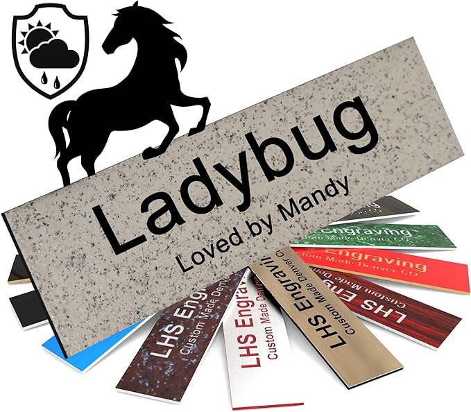 Personalized Horse Stall Name Plates, 2x12 Horse Stall Signs with Adhesive, All Weather UV Protected, Stone Granite Pattern Plastic Black Letters - Made in USA - S3