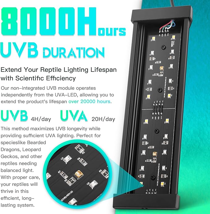 Dimmable LED Reptile UVB Lamp, 8000 Hours UVB Duration for Much Longer Lifespan, Adjustable 4/8/12-Hour Cycles, Suitable for Tortoise and Gecko, 4W, S Size
