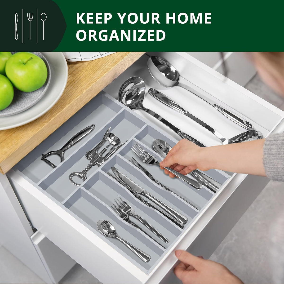 ROYAL CRAFT WOOD Luxury Bamboo Kitchen Drawer Organizer - Silverware Organizer - Utensil Holder and Cutlery Tray with Grooved Drawer Dividers for Flatware and Kitchen Utensils (7 Slot, Gray)