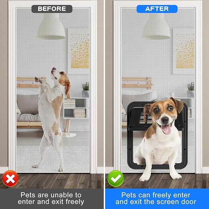 Cat Screen Door,Inside Opening 9.8×8.3Inch Cat Door for Screen Door, Pet Screen Door with Lockable Magnetic Flap for Pet Door,with 4 Entry Ways, Medium