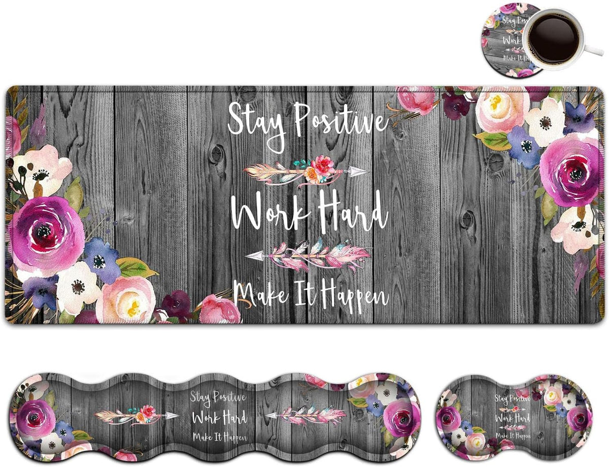 Office Desk Pad,Large Mouse Pad,Laptop Desk Table Protector Writing Mat, Ergonomic Extended Black Mouse Pad, Memory Foam Keyboard Wrist Rest Support Set, Inspirational Work Hard and Flowers Desk Mat