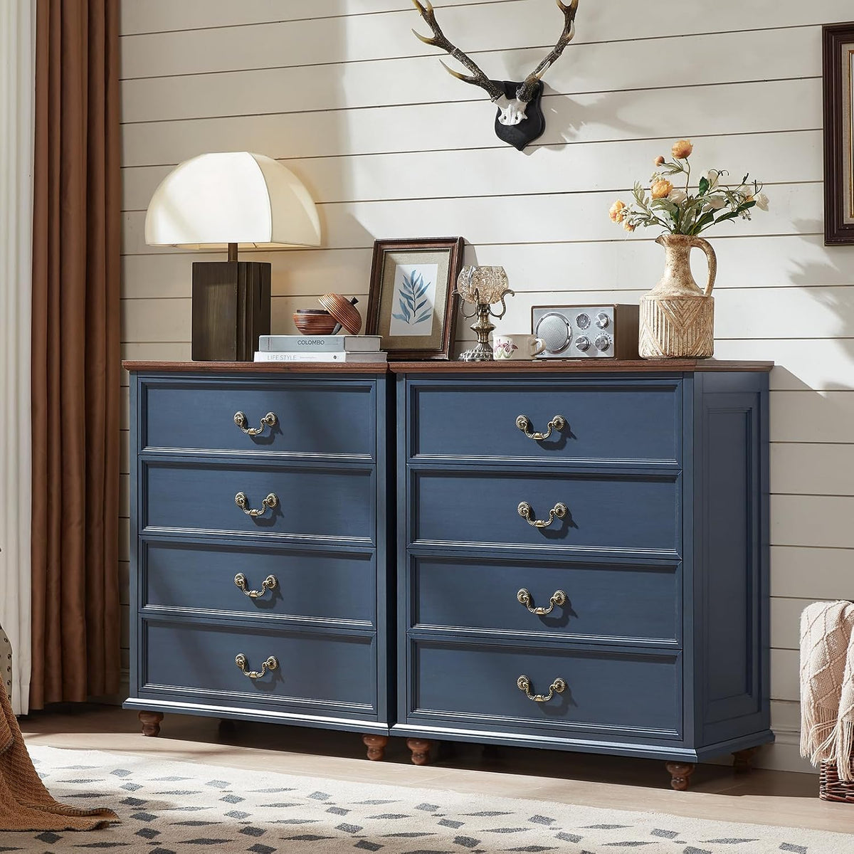 Joaxswe Farmhouse 4 Drawer Dresser for Bedroom, 37" Tall Rustic Chests of Drawers w/ 4 Solid Wood Feet, Mid Century Modern Wooden Closet Storage Dressers Organizer for Living Room, Hallway, Navy Blue