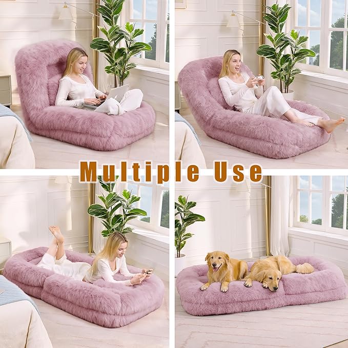 Adjustable 5-Position Human Dog Bed for People, Big Comfy Plush Floor Gaming Lazy Sofa Chair with Pillows & Back Support, Foldable Lounge Loveseat Couch for Living Room Bedroom (Pink)