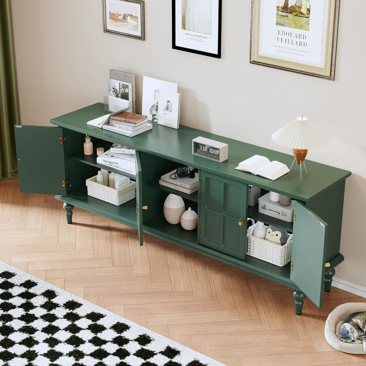 3More 67" Mid Century Modern TV Stand with Window Design, Green