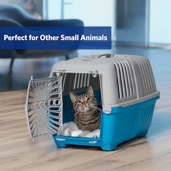 MidWest Homes for Pets Spree Travel Carrier – Hard-Sided Dog & Cat Carrier, Small Pet Travel Crate with Handle, Ventilated Design, Durable Plastic Door, Easy Assembly, 19-Inch, Blue