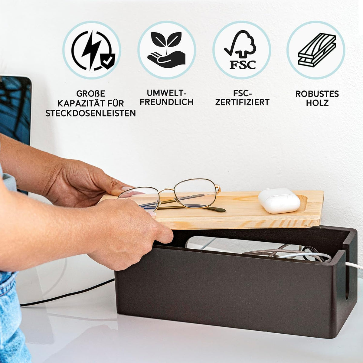 [Pack of 2] Wooden Cable Storage Box, Large Storage Stand for Desk, TV, Computer, USB Hub