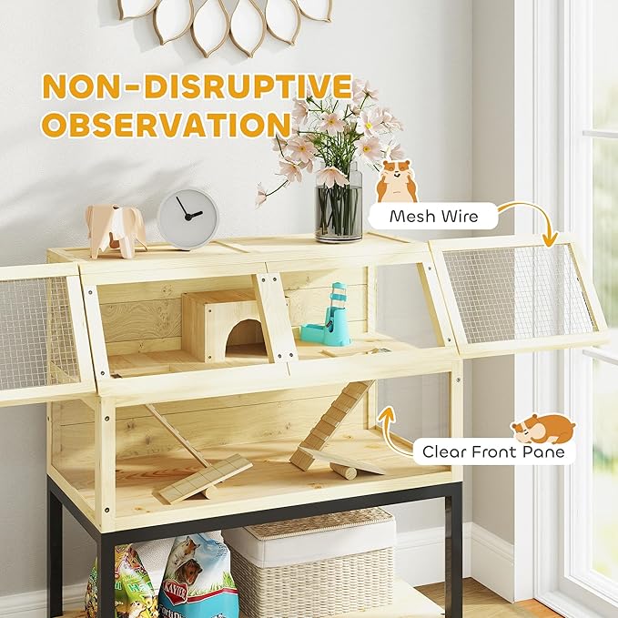 PawHut Hamster Cage with Storage Shelf, Wooden Rat Cage on Wheel, Small Aniaml Cage with Seesaws, Water Bottle, Hut & Ramps, for Dwarf, Gerbil, Syrian Hamster, Mouse, 34" L x 17" W x 40" H