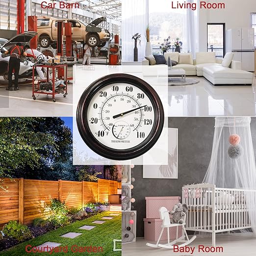 Indoor Outdoor Thermometer Large 12 Inch Wall Thermometer-Hygrometer Waterproof Does not Require Battery