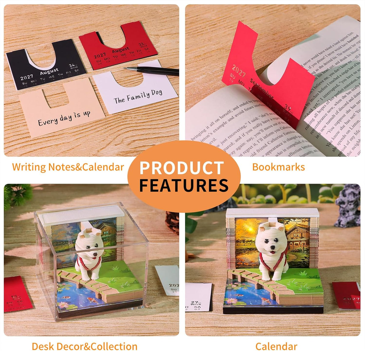 3D Calendar 2027, Desk Time Piece Calendar 2027,Tear-Away 3D Paper Art Notepad w LED Lights,Creative 3D Memo Artsy Pad Calendars, DIY Paper Carving Gift (Backpack Dog)