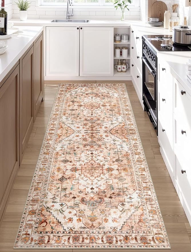 SERISSA Boho Washable Runner Rug, 2x6 Rug Non-Slip Vintage Peach Cream Hallway
