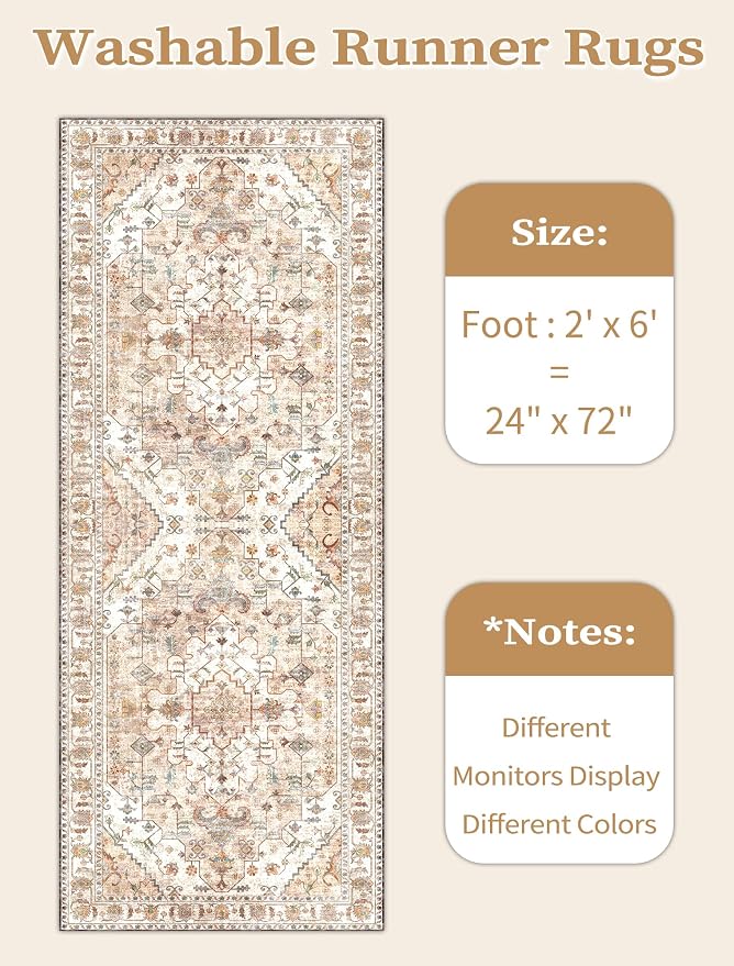 SERISSA Boho Washable Runner Rug, 2x6 Rug Non-Slip Vintage Peach Cream Hallway
