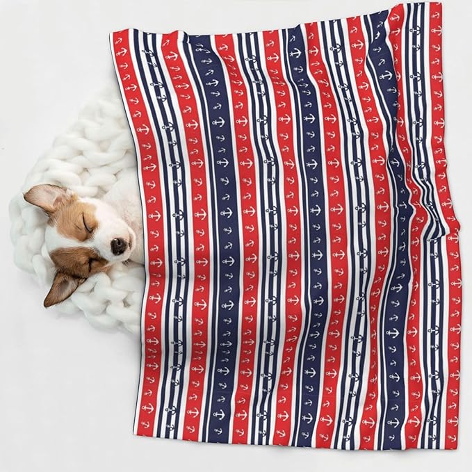 Two Sided Plush Pet Blanket for Warmth Comfort, Nautical Anchor Seamless Pattern Blue and Red Stripe, Reversible Throw with Cozy Nubby Side for Chilly Nights Napping Spots Around House