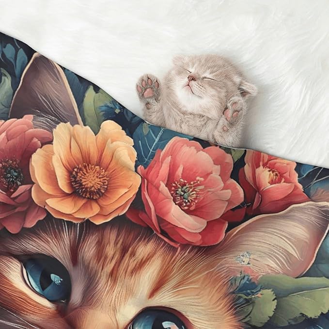 Waterproof Dog Blanket Soft Pet Blanket for Puppy, Fleece Cat Throw Blankets for Furniture Bed Couch Sofa Reversible - Flower Crown Cat