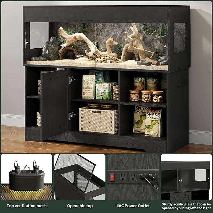60 Gallon Reptile Tank with Stand, Terrarium Tank with Storage Cabinet, for Lizards, Skinks, Snakes, Sliding Acrylic Doors, Mesh Top, Built-in Power Outlet Black PX02RTB