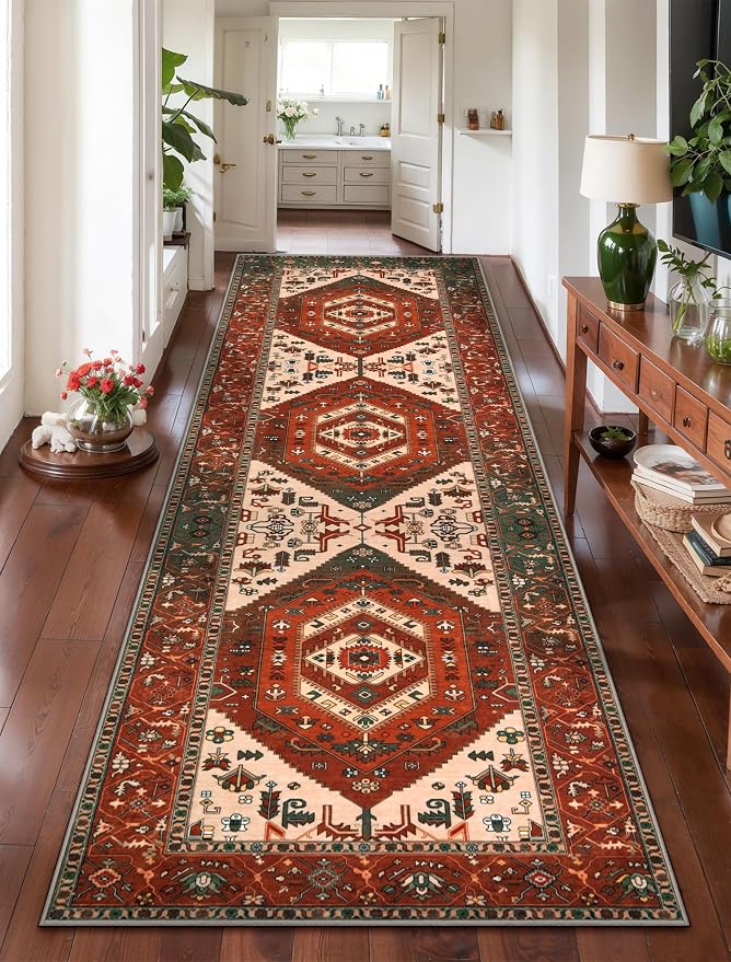 SERISSA Runner Rug for Hallways, Long Boho Rug Vintage Terracotta Green Hallway